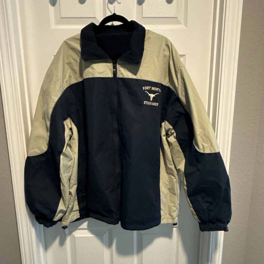 Crazy Apparel Ft Worth Stockyards Reversible Fleece Jacket Blue Tan Mens XXL